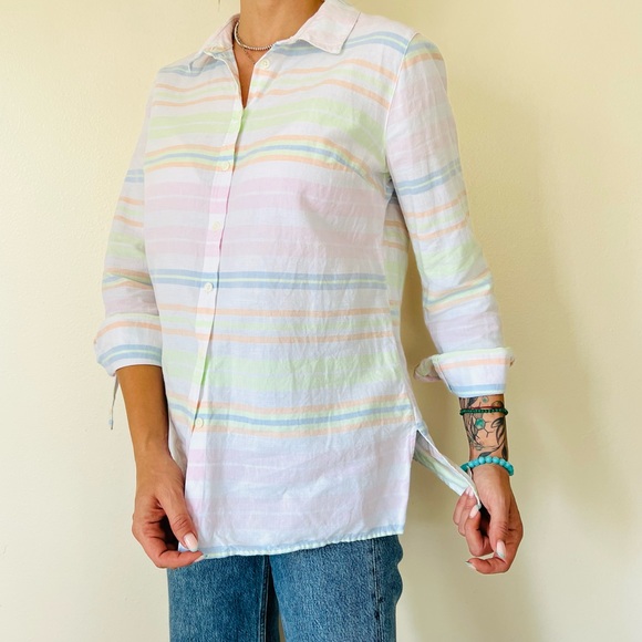 Kim Rogers linen blend button down oversized striped shirt pastel poplin plaid - Picture 3 of 8